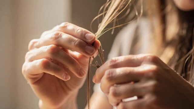 Close up of gentle hands carefully removing damaged ends from healthy hair strands for hair care and beauty treatment