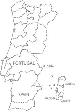 Simple outline map of portugal with borders including madeira and azores islands and neighboring spain
