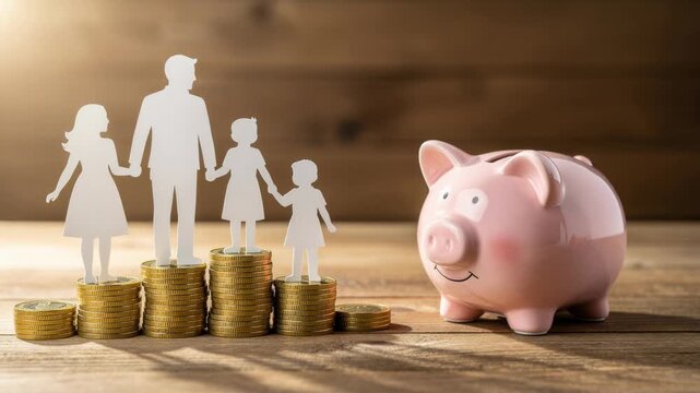 Hand dropping coin into cheerful piggy bank with paper cutout family saving money concept