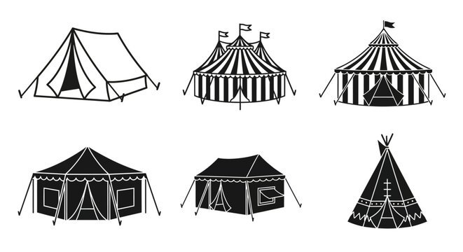 Set of six diverse tent icons in black and white outline and silhouette styles