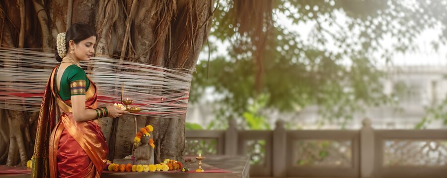 Indian women celebrating Vat Savitri Vrat, Vat Purnima (Pournima), Savitri Amavasya, Bargad Pooja, and the Banyan Tree Festival.