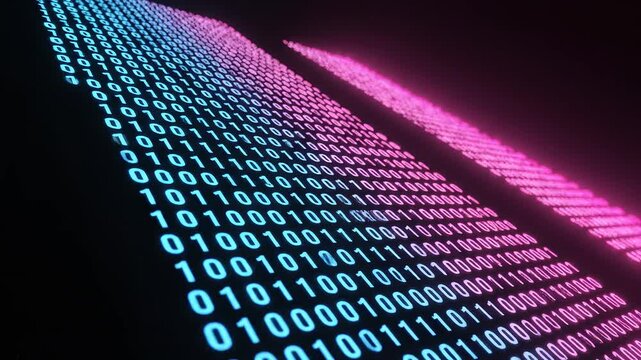 Binary code display with blue and pink glow for creative digital media and visual arts