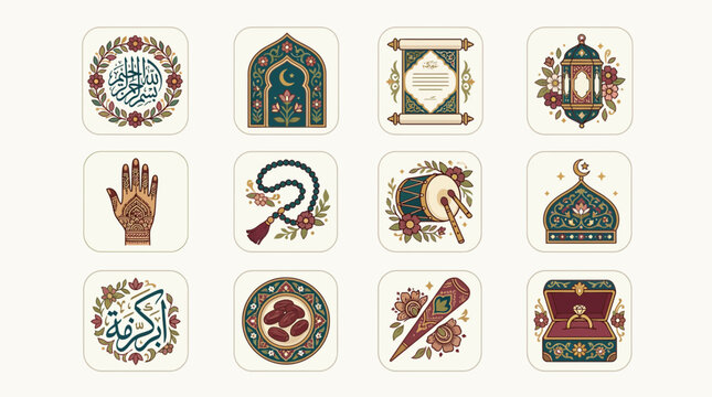 Collection of Islamic cultural symbols and icons featuring a mosque minaret crescent moon and other religious emblems in a digital illustration.
