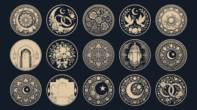 Elegant Islamic and Arabesque ornamental designs featuring floral motifs and geometric patterns on display