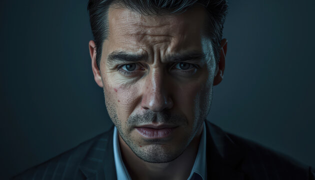 Worried man portrait with dramatic lighting and furrowed brow conveying confusion and realization