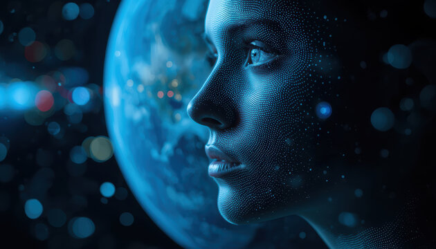 Futuristic digital portrait of woman facing planet Earth with luminous dot matrix skin