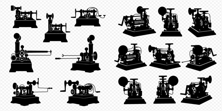 Set of antique telegraph machines and vintage communication devices in silhouette, illustrating historical technology and early telecommunications.