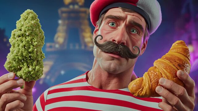 Male character in striped shirt and beret holds green broccoli and croissant, showcasing food choices in a vibrant Parisian street setting with illuminated background
