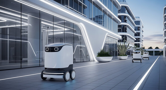 Autonomous delivery robots on a modern city sidewalk with sleek buildings and glass facades