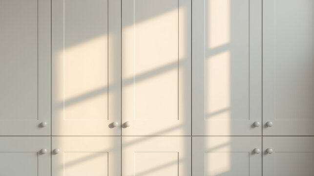 Soft morning light across white cabinet panels with warm shadow mood