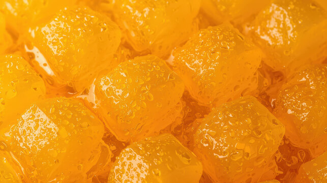Glossy candied orange cube dessert with syrup and bright lighting