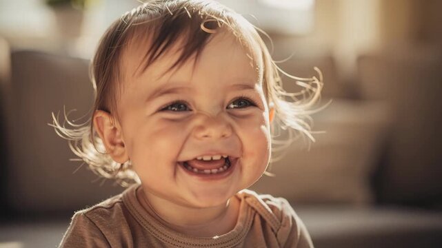 Joyful baby with bright eyes and a toothy smile giggling warmly in soft golden light