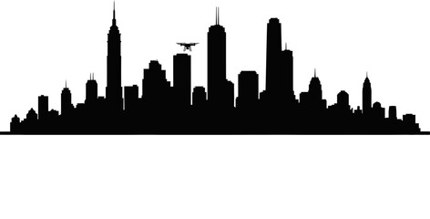 Naklejka premium Cityscape silhouette displays an urban skyline with a small drone hovering above the tall buildings.