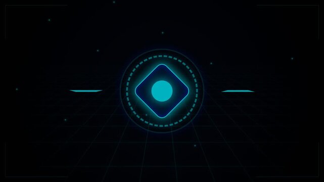 Futuristic blue circular emblem spins in dark space.
