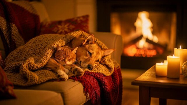 Cozy cat and dog snuggling under warm blanket by fireplace in a comfortable home setting