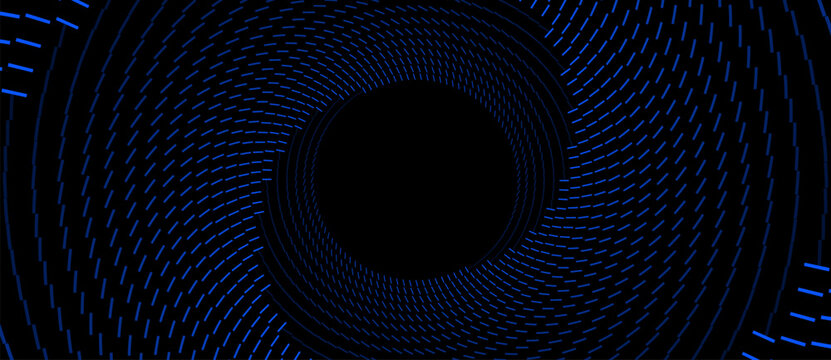 Electric blue dashed spiral vortex with dense concentric rotating tracks surrounding a deep black circular center on black background, futuristic vector texture.