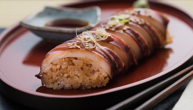 Sliced ika meshi showcases japanese squid and rice dish. Ideal for restaurant menus, food blogs, travel guides, and cooking magazines.