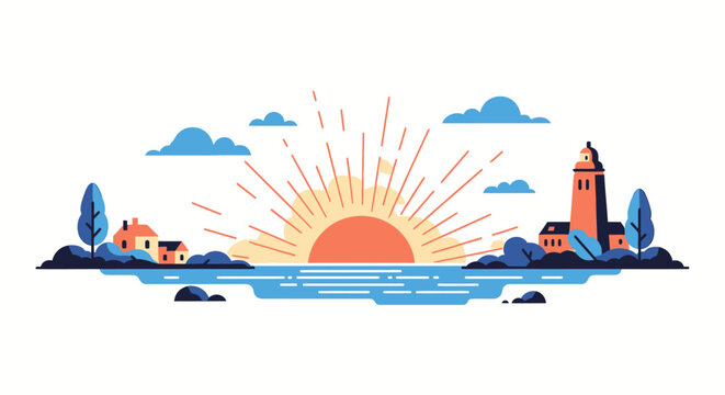Flat vector illustration of a coastal sunset with a lighthouse