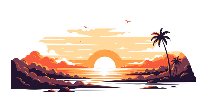 Retro pixel art tropical beach sunset landscape illustration