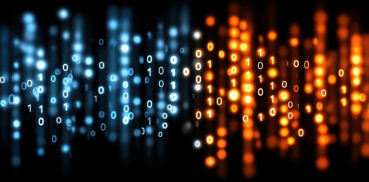 Abstract digital background with glowing data and binary code in blue and orange tones