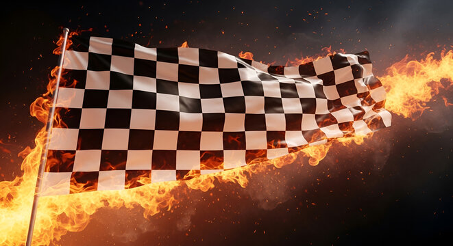 Burning Checkered Flag Waving in Fiery Flames Against Dark Background.