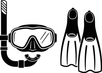 Snorkeling equipment including a mask, snorkel, and swim fins lies ready for a tropical underwater adventure. © amirhamzaaa