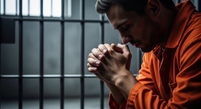 Man prisoner in orange uniform praying behind cell bars. Convict feeling regret, seeking forgiveness or repent in jail. Law, justice, crime, loneliness and mental struggle concept.