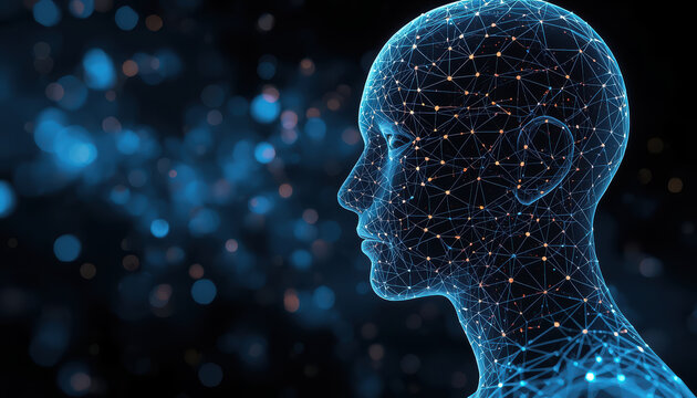 Digital neural network human silhouette with glowing connection nodes and abstract bokeh lights