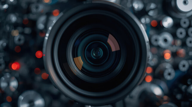 Camera lens closeup with shallow depth of field and warm bokeh glow