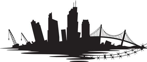 Naklejka premium Cityscape skyline with bridge cranes and barbed wire illustration with city life high rise