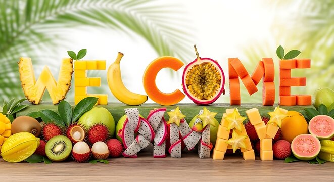 tropical welcome sign with fresh fruits and passiflora on wooden table