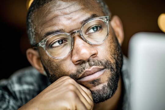 Pensive African American man wearing glasses using a laptop in a relaxed, thoughtful moment