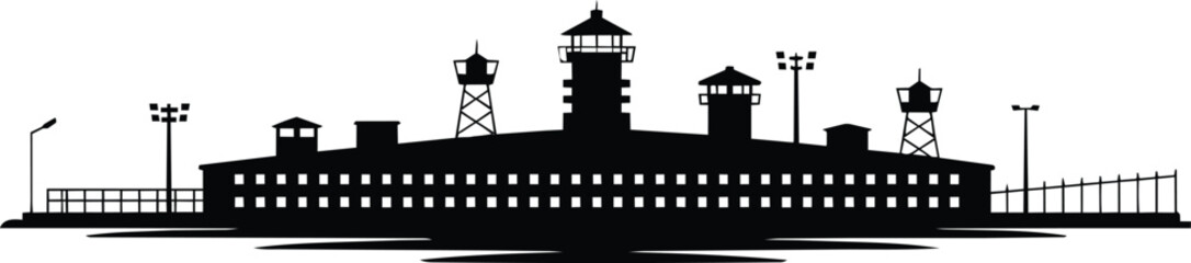 Obraz premium Fortress with guard towers and searchlights illustration with barbed wire fence and prison walls