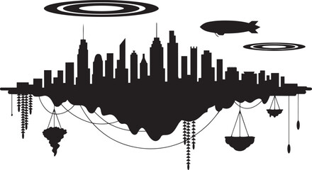 Futuristic city skyline with floating islands and airship vector illustration with science fiction © zagrapic540