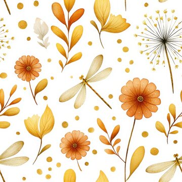 Autumnal Nature Pattern with Dragonflies, Flowers, and Leaves, Seamless Design for Textile and Wallpaper