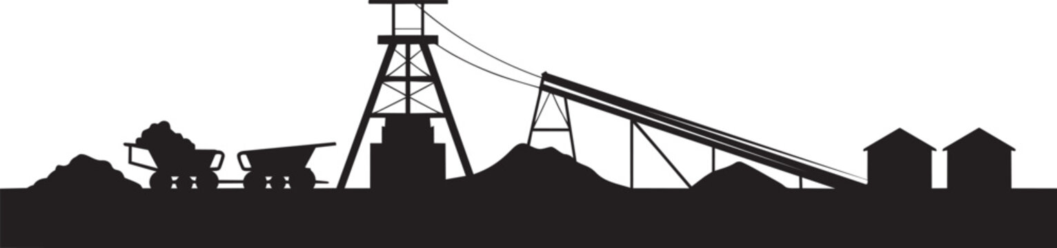 Mining industry landscape with mine shaft carts and piles of coal illustration with industrial