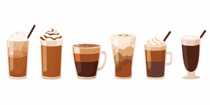 various coffee drinks in glasses vector illustration