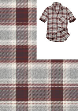 Men's casual short-sleeved button-down shirt mockup presented with a matching seamless dobby weave pattern swatch in burgundy and grey.