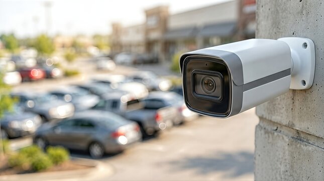 CCTV security camera mounted on a concrete wall overlooking a parking lot filled with parked cars and retail buildings in the background during daylight