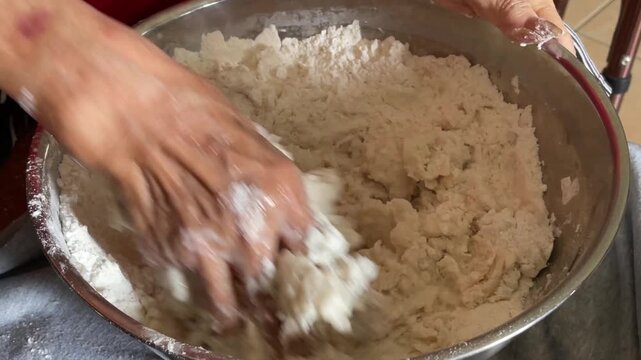 A close-up shot shows hand continuously kneading flour and water in a metal bowl to form a soft dough for traditional Chinese bao buns.