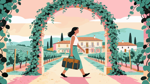 A serene illustration of a vineyard seen through a stone archway, offering a calming and idyllic aesthetic. Perfect for travel blogs, wine-related con