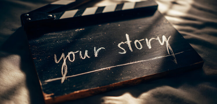 A black film clapboard with white chalk text reading your story is a symbol of filmmaking and storytelling.