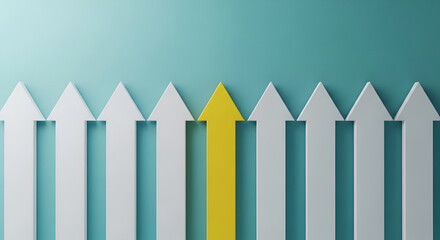 Obraz premium Yellow Arrow Stands Out Among White Arrows Symbolizing Individuality and Leadership.