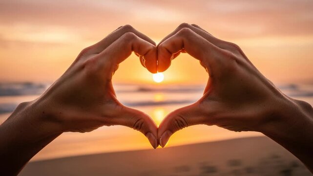 Warm sunset at the beach with hands forming a heart shape around glowing sun for romantic nature scenery