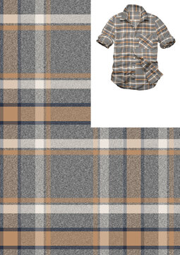 Men's casual short-sleeved button-down shirt mockup presented with a matching seamless dobby weave pattern swatch in tan, brown, and grey tones.