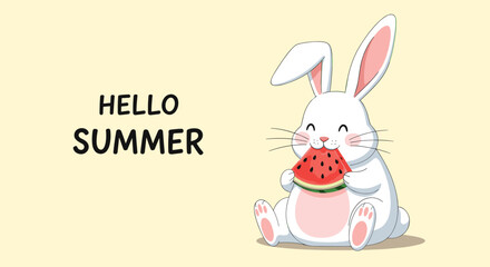 Fototapeta premium Cheerful white rabbit sitting and eating a slice of watermelon next to the text Hello Summer on pale yellow.