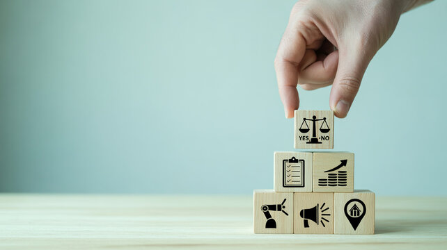 Hand places a decision cube on a stack of business and technology icons representing choices and strategy