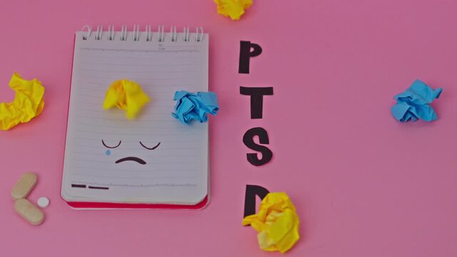Conceptual visualization of Post-Traumatic Stress Disorder with symbolic therapy elements and antidepressants on pink