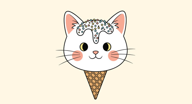 Creative illustration of a white cat head decorated with sprinkles on top of a waffle ice cream cone on beige.