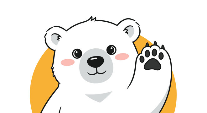 Close up illustration of a cute white polar bear waving its black paw against an orange circular background.